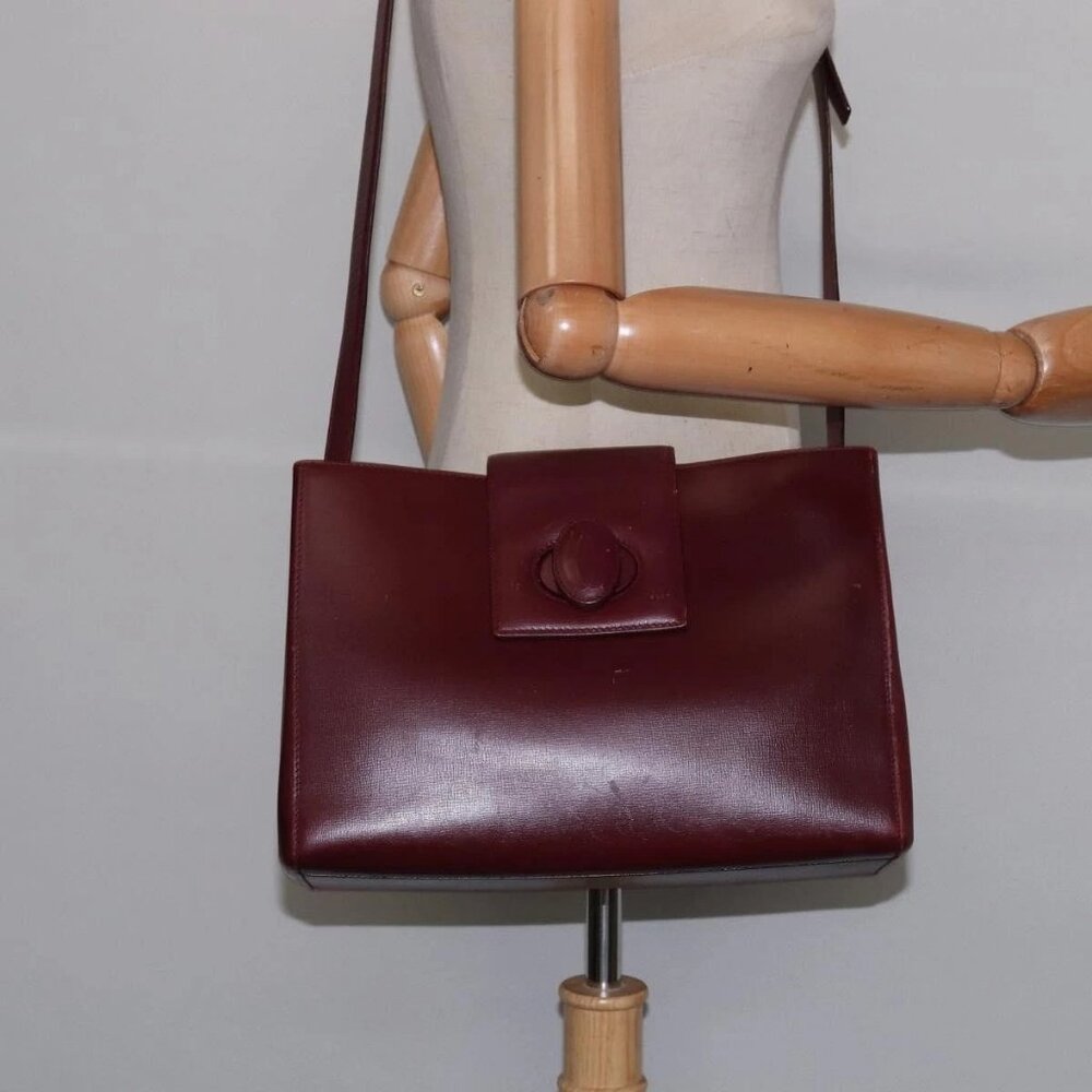 Cartier Shoulder Bag Leather Bordeaux Silver Auth